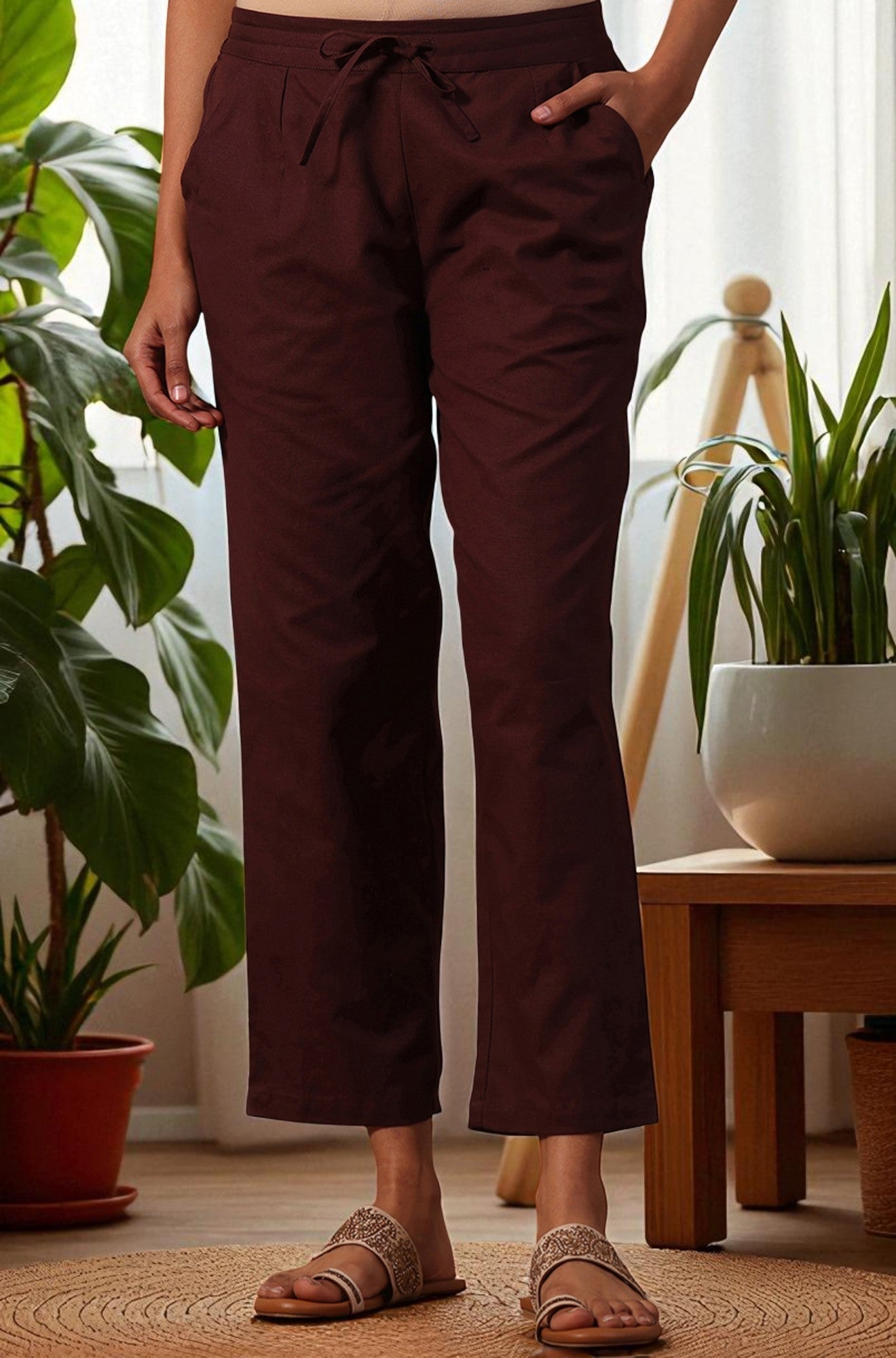 Red Solid Cotton Blend Straight Pants