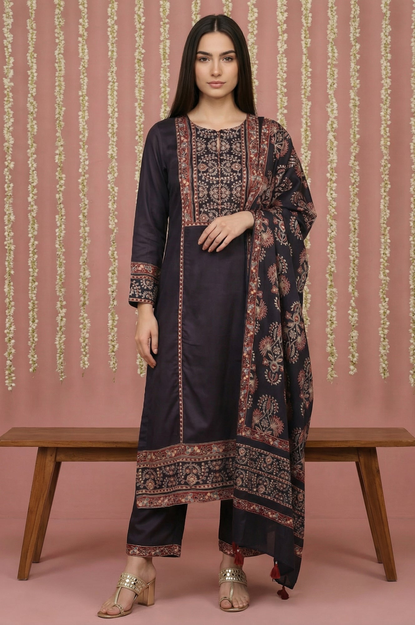 Black Floral Printed Satin Straight Kurta with Parallel Pant and Dupatta Set