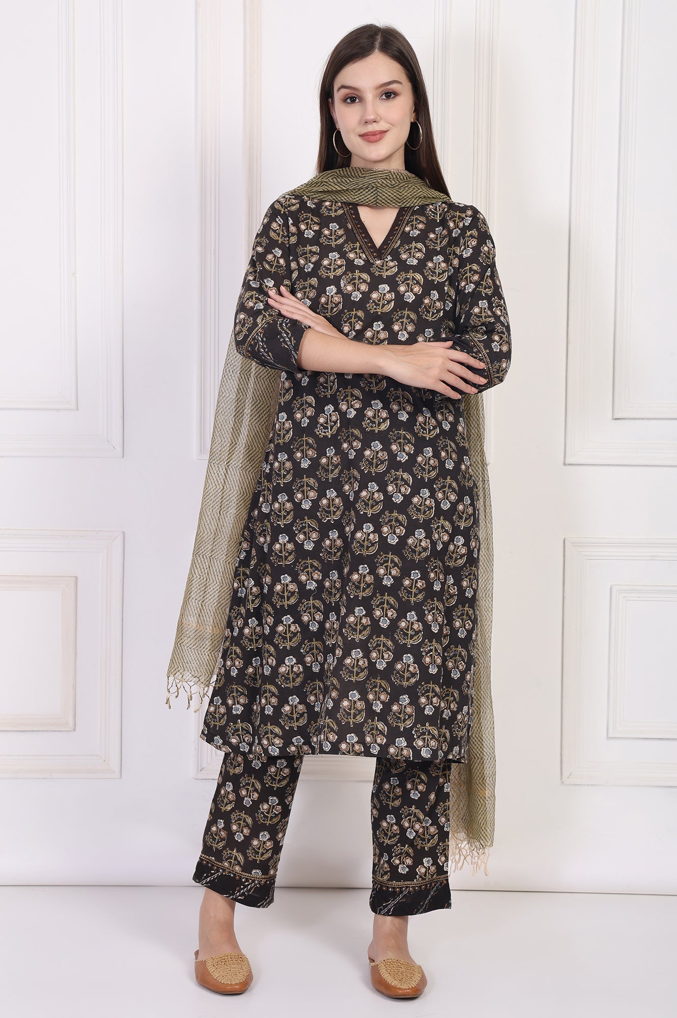 Black Floral Printed Embellished A-Line Cotton Kurta with Straight Pant and Dupatta Set