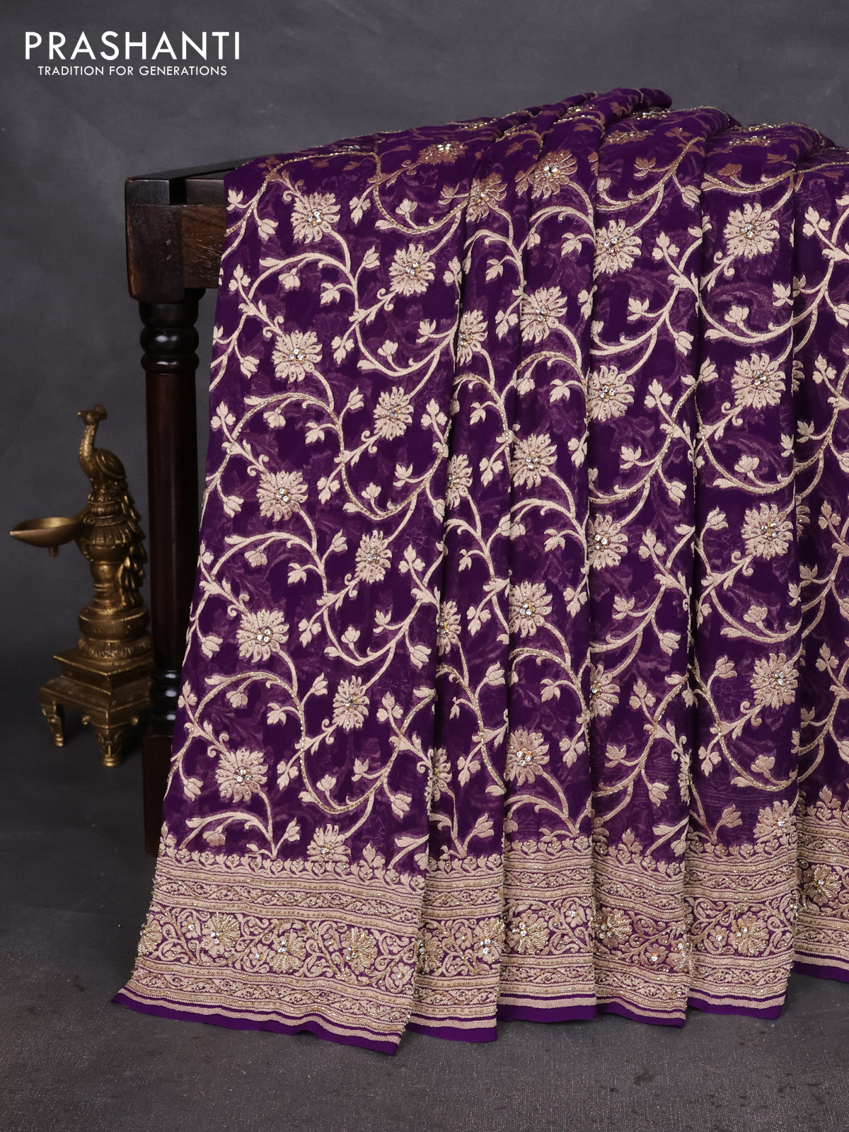 Banarasi georgette saree violet with allover jaal weaves & stone work and zardosi work border