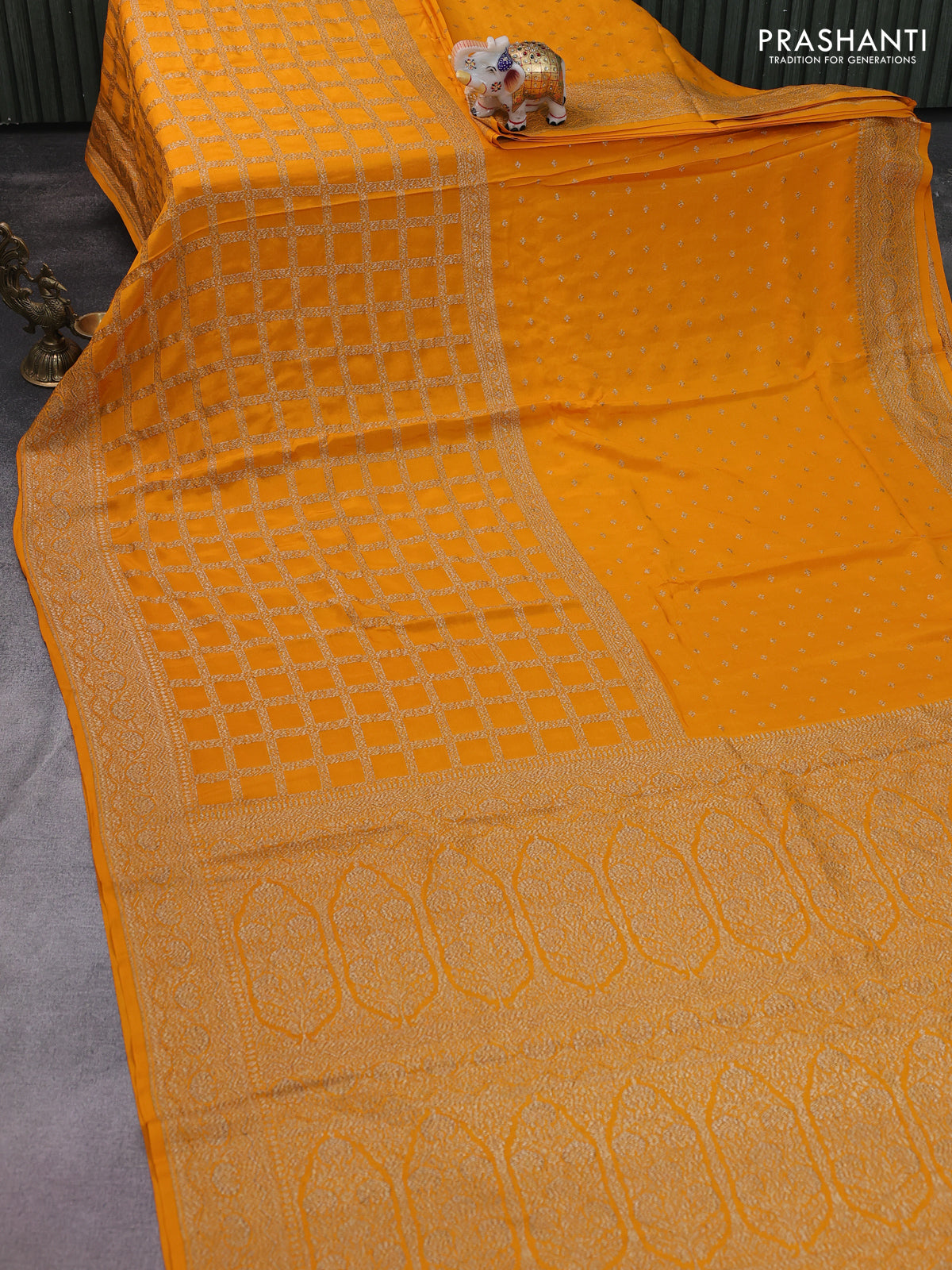 Banarasi crepe saree mustard yellow with half & half style and woven border