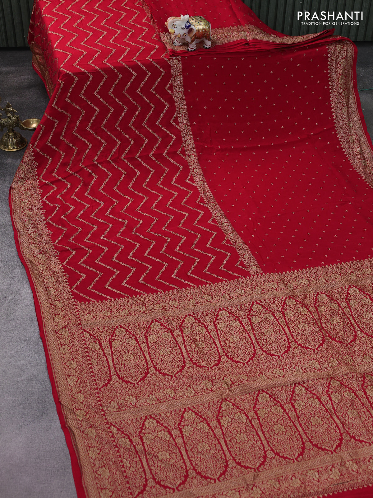 Banarasi crepe saree red with half & half style and woven border