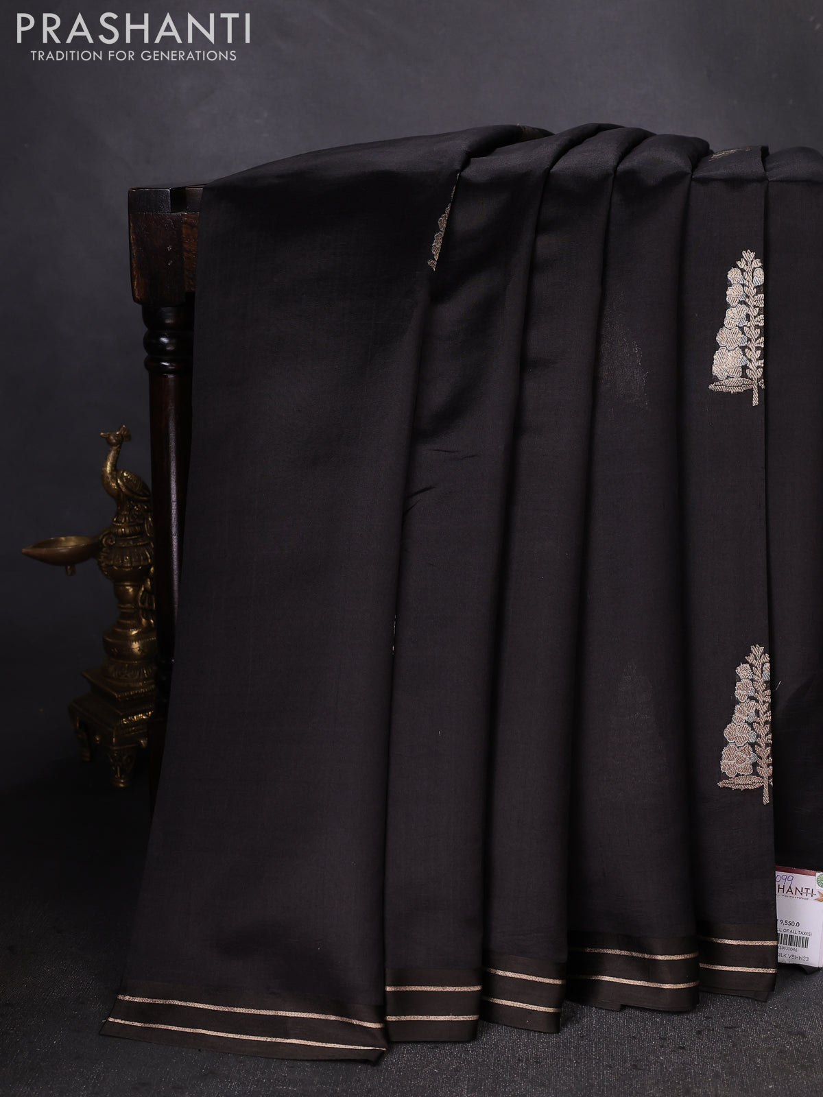 Banarasi poona silk saree black with zari woven leaf buttas and simple zari border
