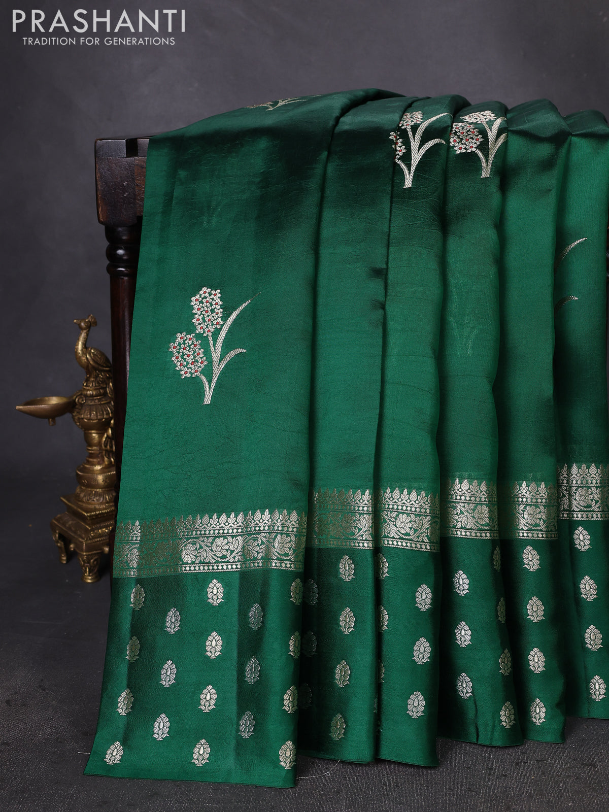 Banarasi poona silk saree green and red with zari woven floral buttas and zari woven butta border