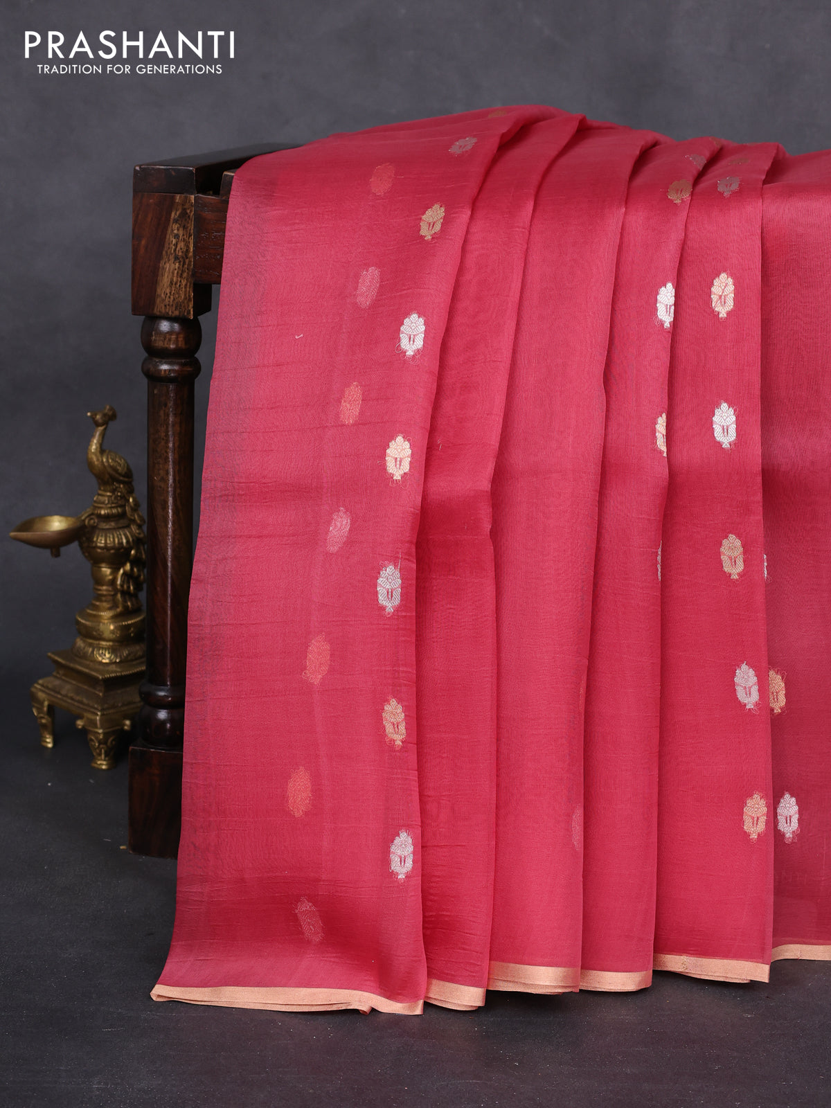 Banarasi organza silk saree red with silver & gold zari woven buttas and zari woven piping border