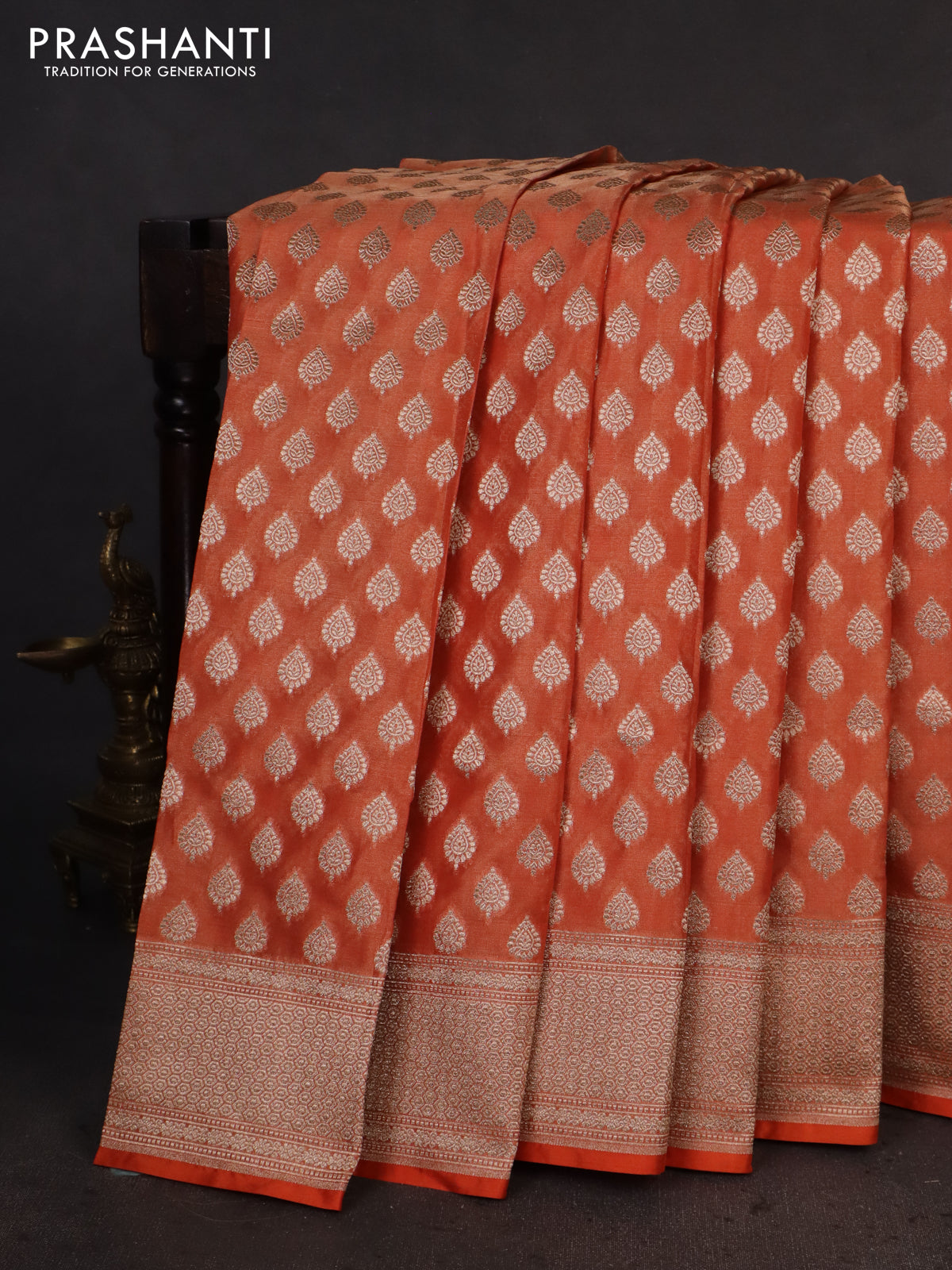 Banarasi tissue silk saree orange with allover zari woven buttas and zari woven border