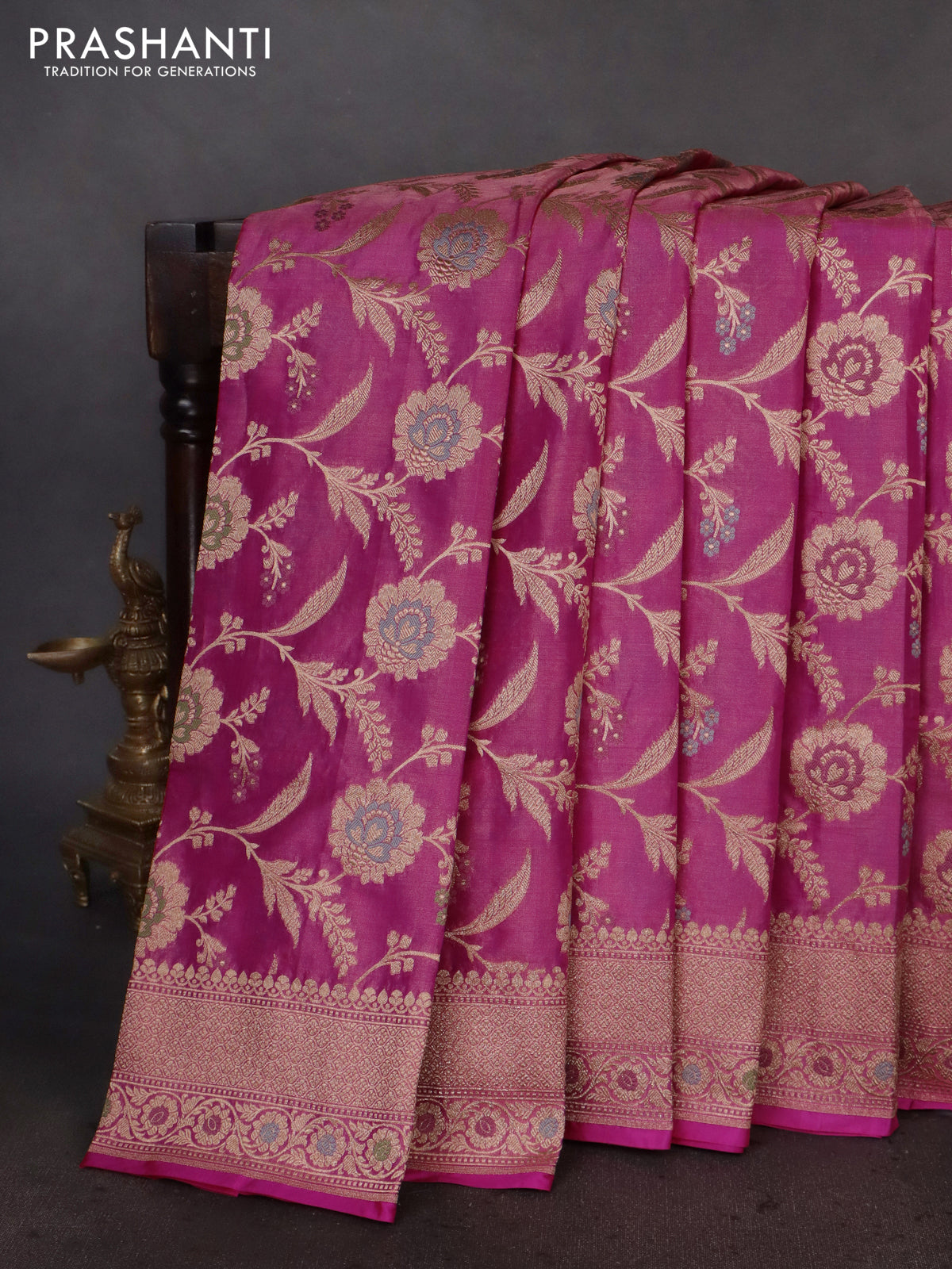 Banarasi tissue silk saree pink with allover zari woven brocade weaves and zari woven border