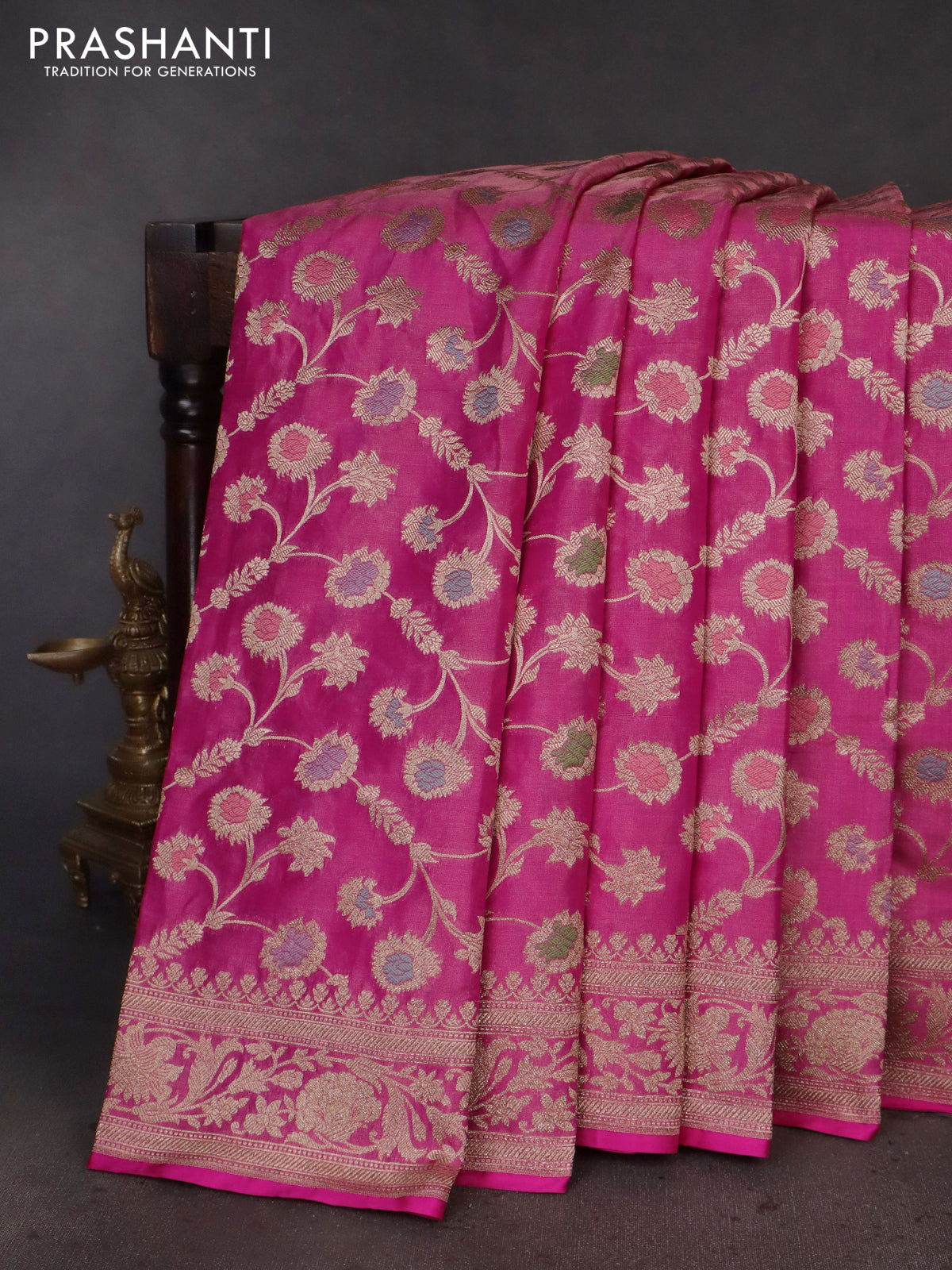 Banarasi tissue silk saree pink with allover zari woven brocade weaves and zari woven border