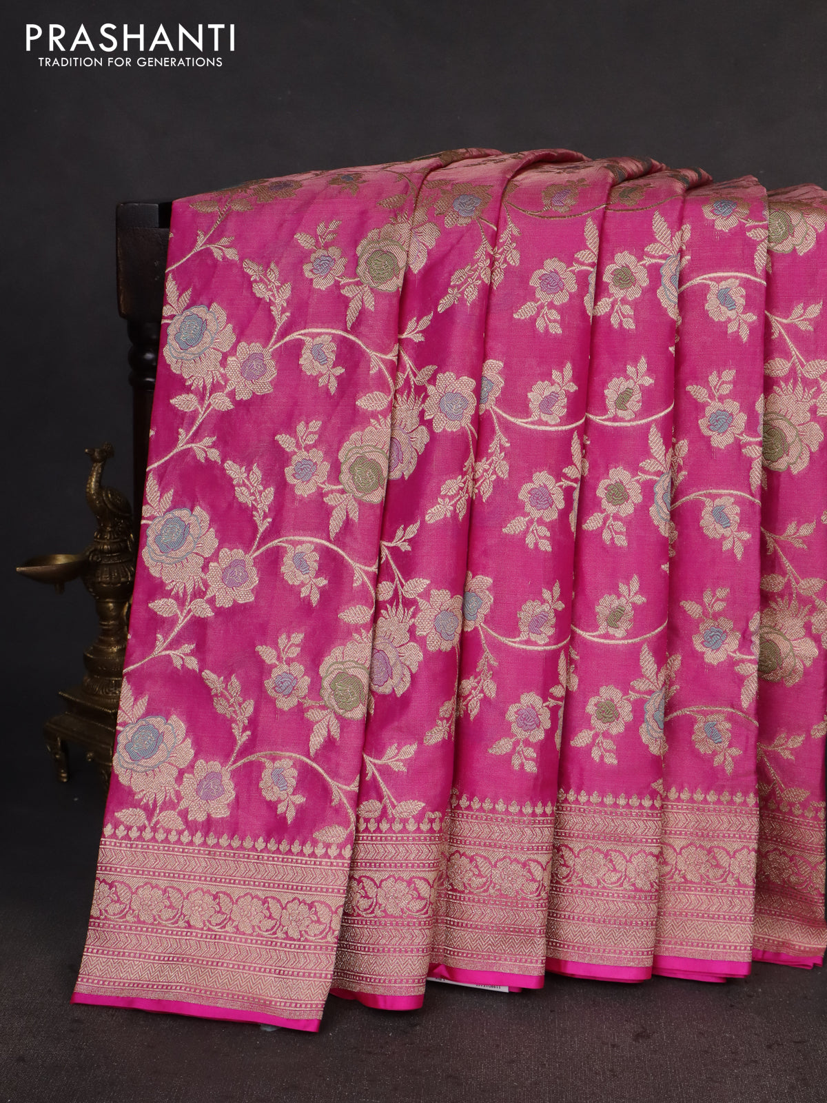 Banarasi tissue silk saree pink with allover floral zari woven brocade weaves and zari woven border