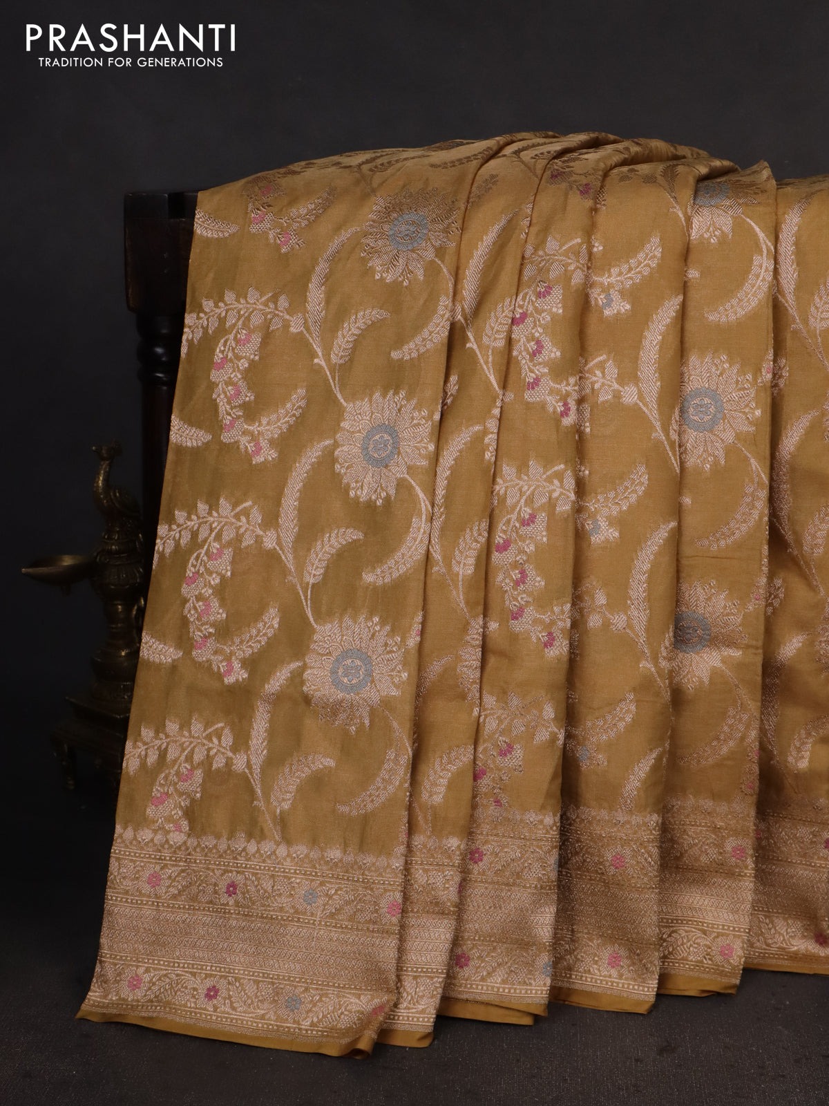 Banarasi tissue silk saree sandal with allover floral zari woven brocade weaves and zari woven border