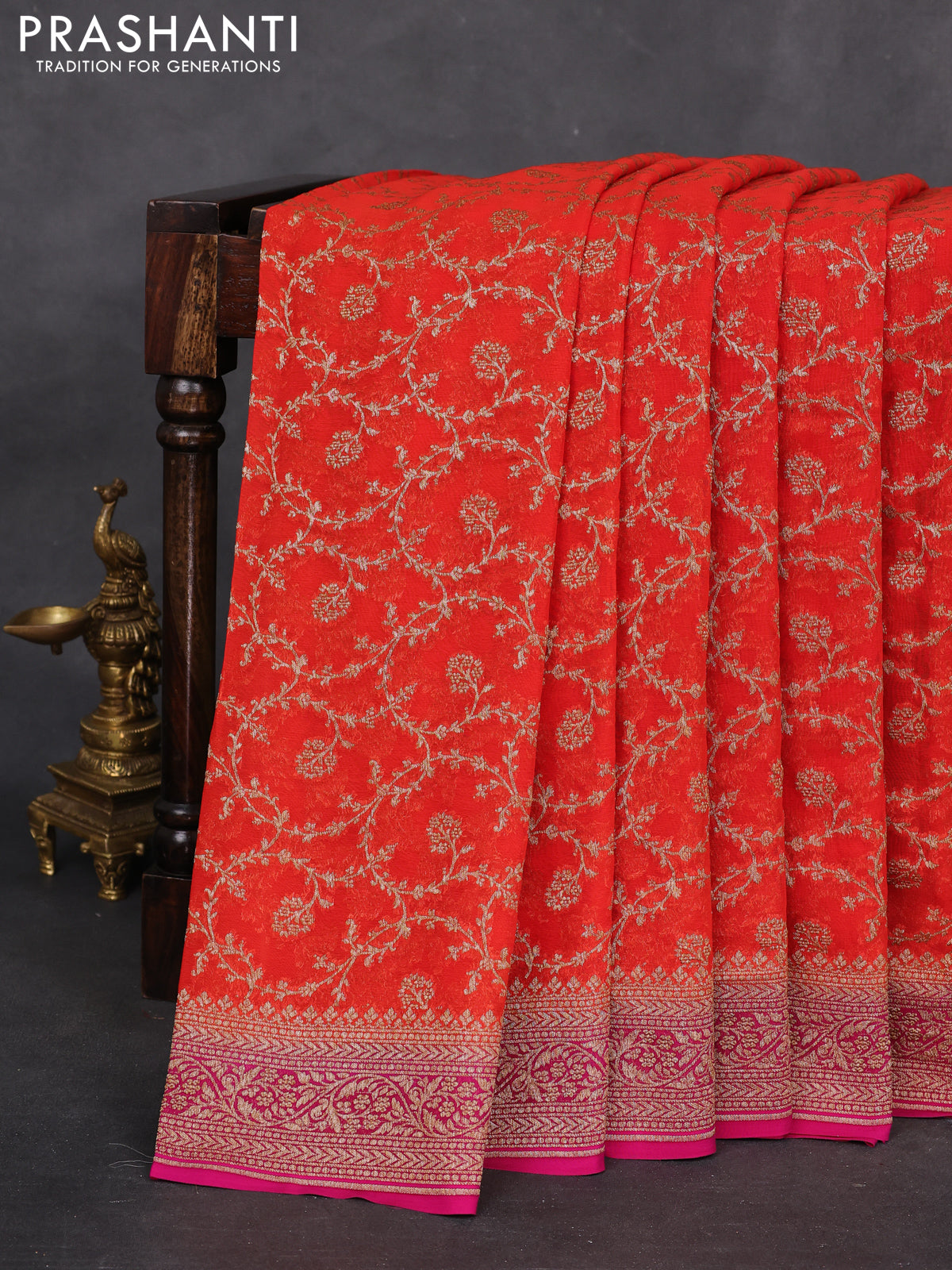 Banarasi georgette saree orange and pink with allover thread & zari weaves and woven border