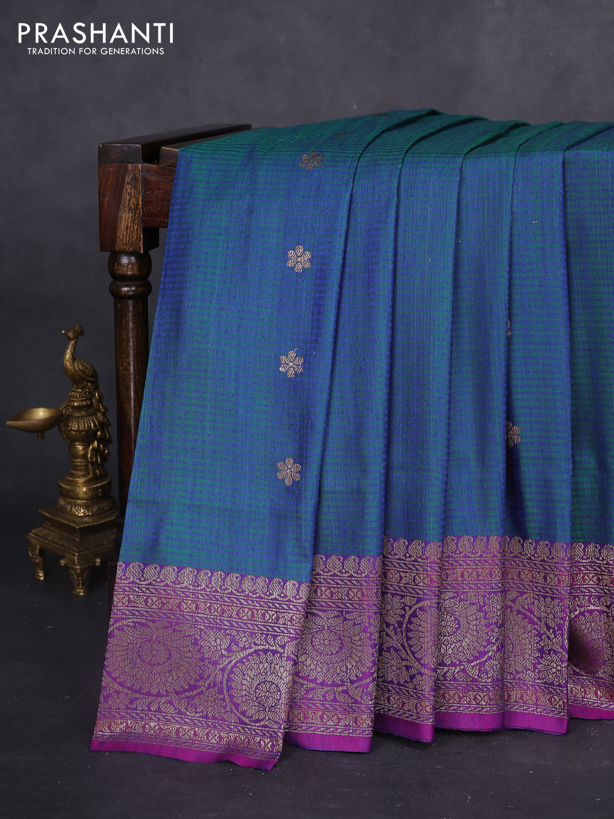 Banarasi dupion silk saree dual shade of bluish green and purple with thread & zari woven floral buttas and woven border