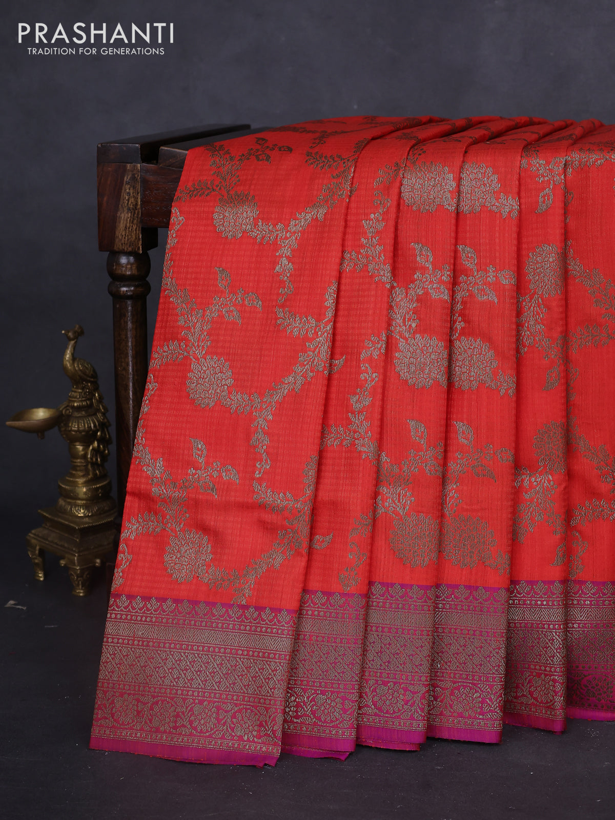 Banarasi dupion silk saree orange and dual shade of purple with allover thread & zari weaves and woven border