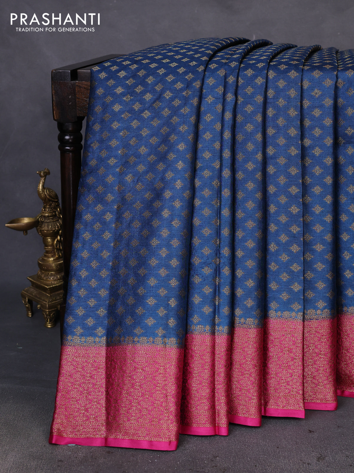 Banarasi tussar silk saree peacock blue and magenta pink with allover thread & zari woven buttas and woven border