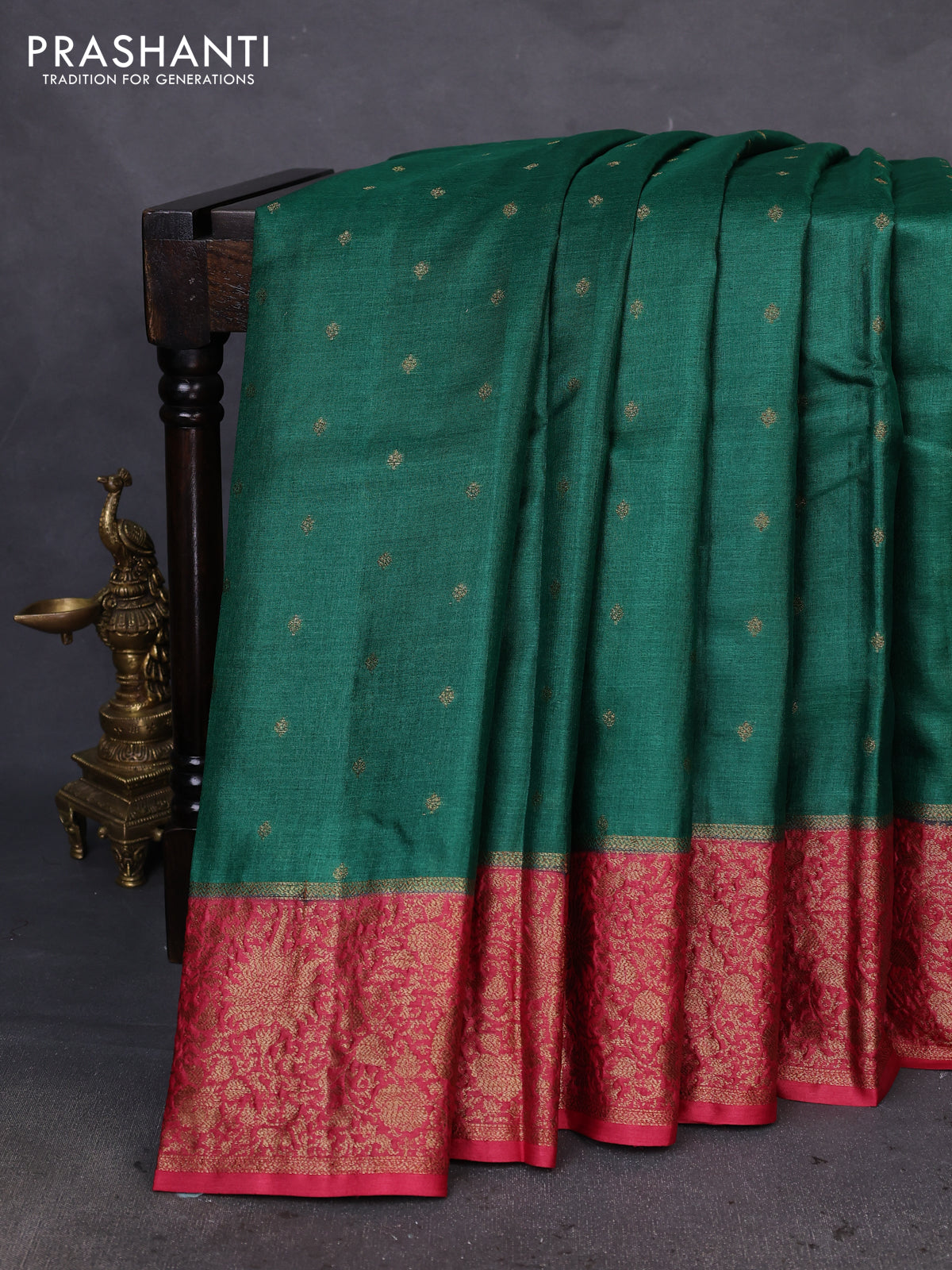 Banarasi tussar silk saree green and pink with allover thread & zari woven buttas and woven border