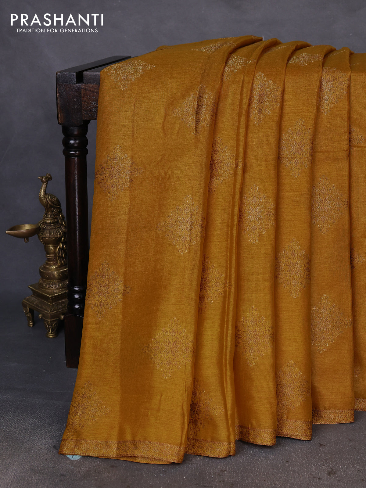 Banarasi tussar silk saree mustard yellow and pink with thread & zari woven buttas and woven border