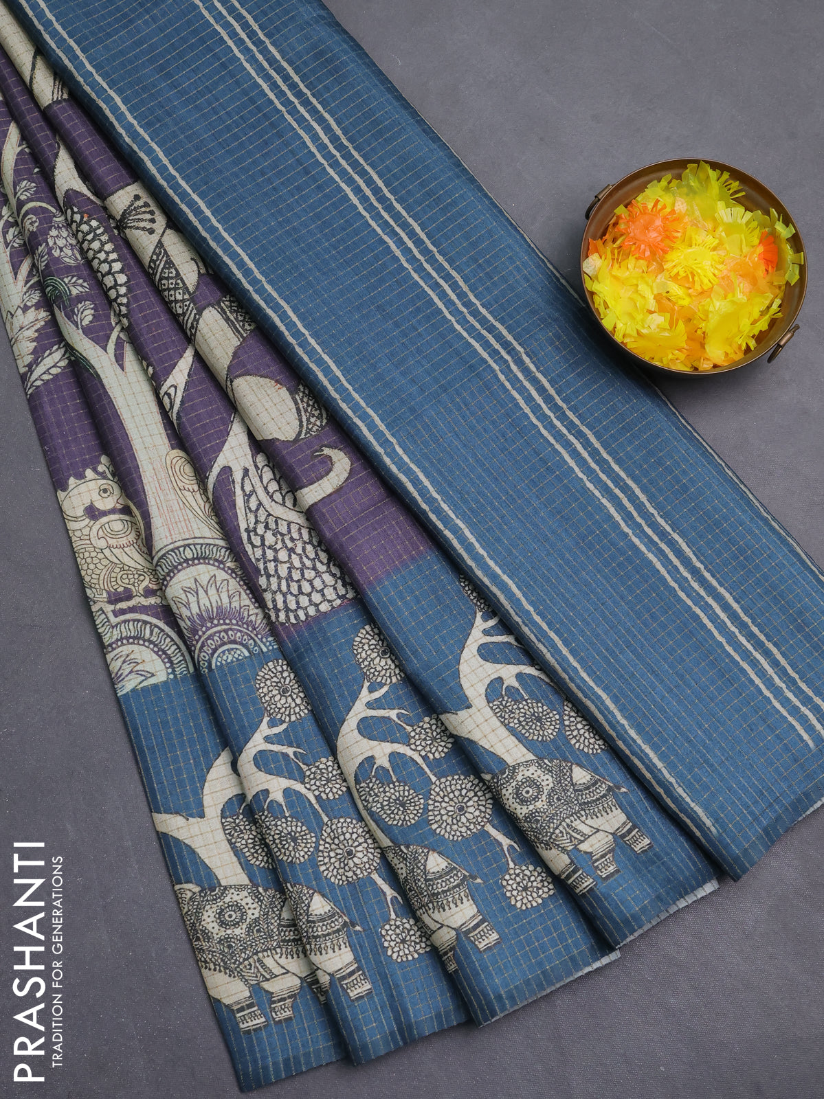 Chappa saree violet and peacock blue with allover zari checked pattern and printed pallu