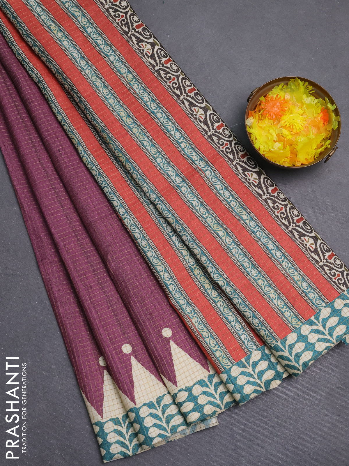 Chappa saree wine shade and teal green with allover zari checked pattern and printed pallu