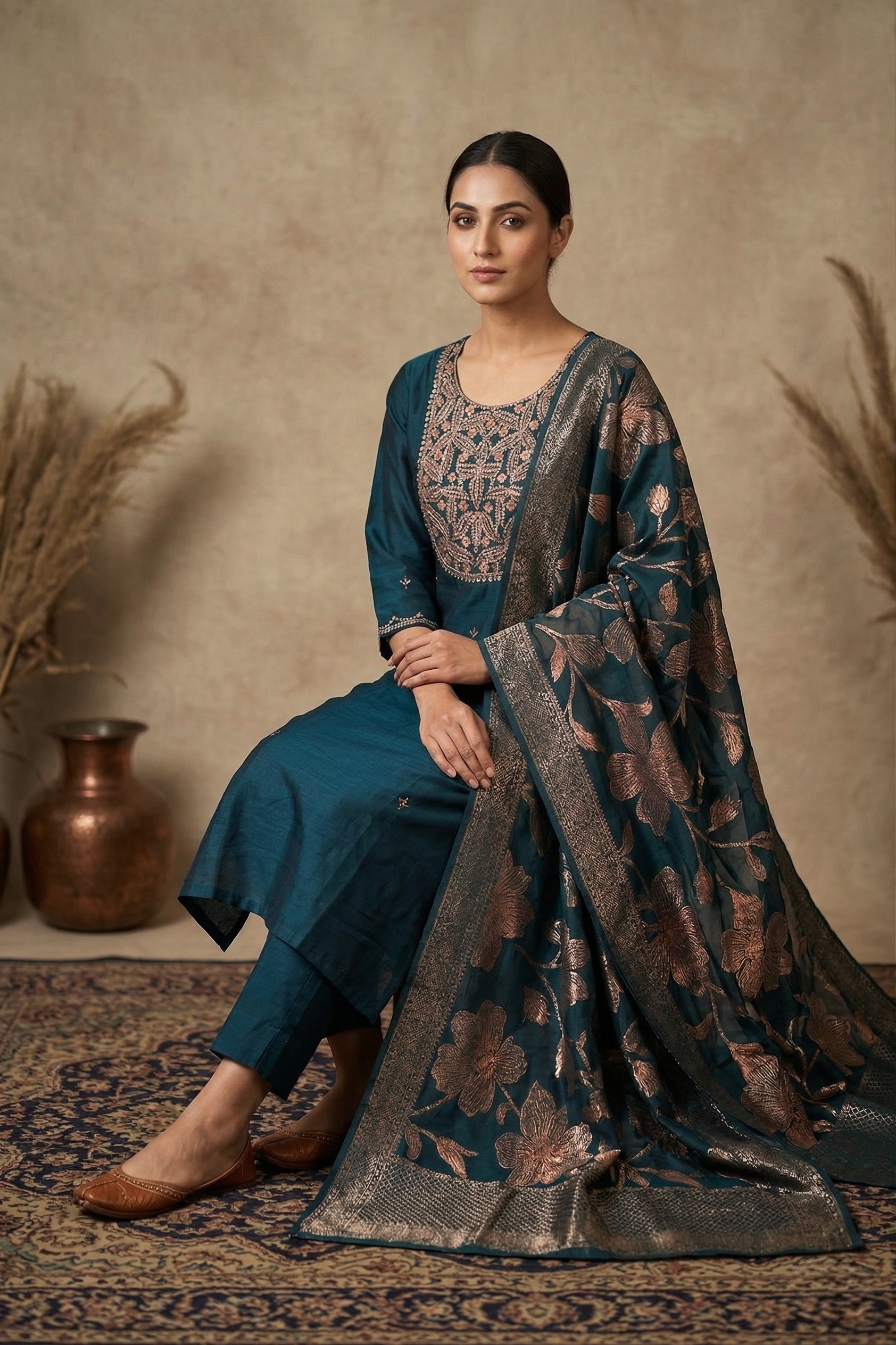 Midnight Blue Embroidered Dupion Silk Kurta Set