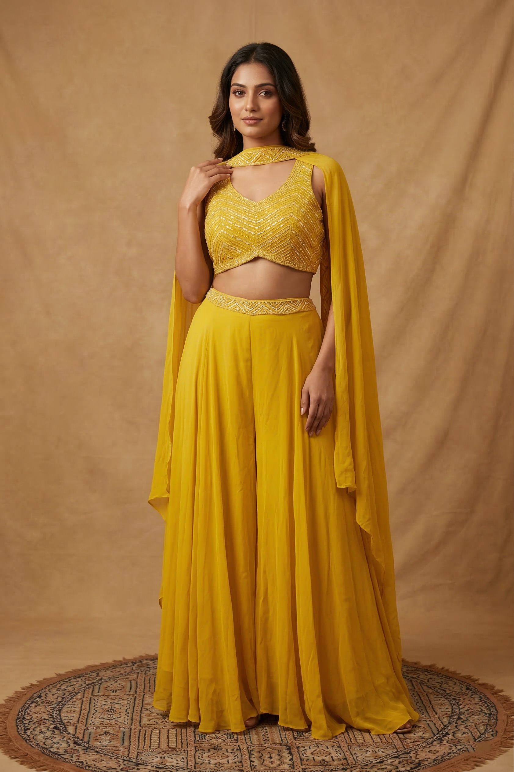 Bright Muted Yellow Georgette Indo-Western Set