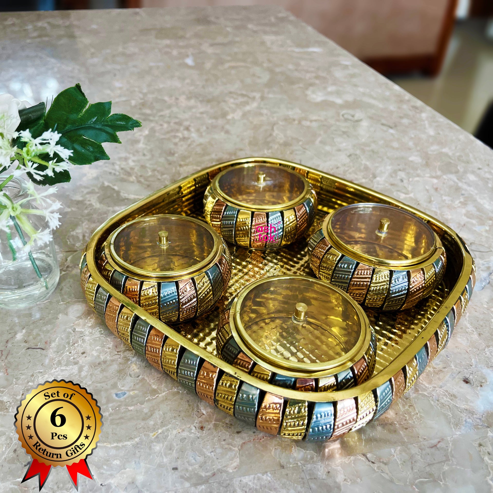 Premium Metal Gold Plated Tray with 2 Bowls & 2 Spoons Gift Set | e return  gifts