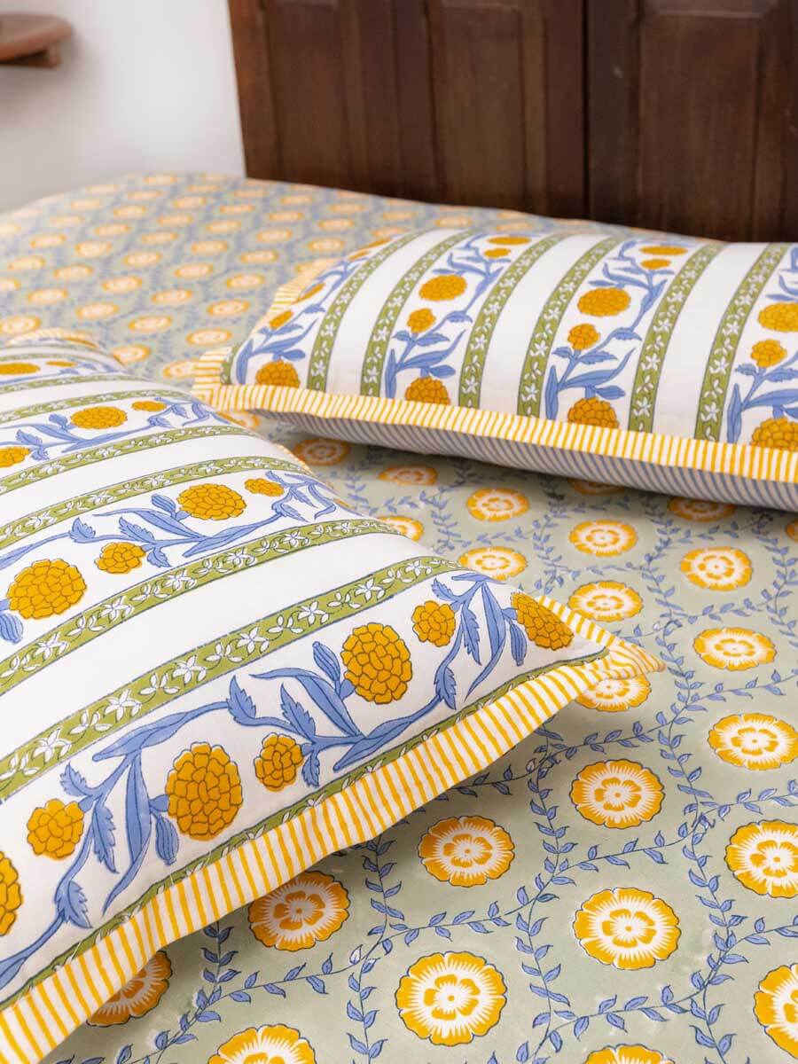 Golden Bloom Hand Block Printed Cotton Bed Sheet