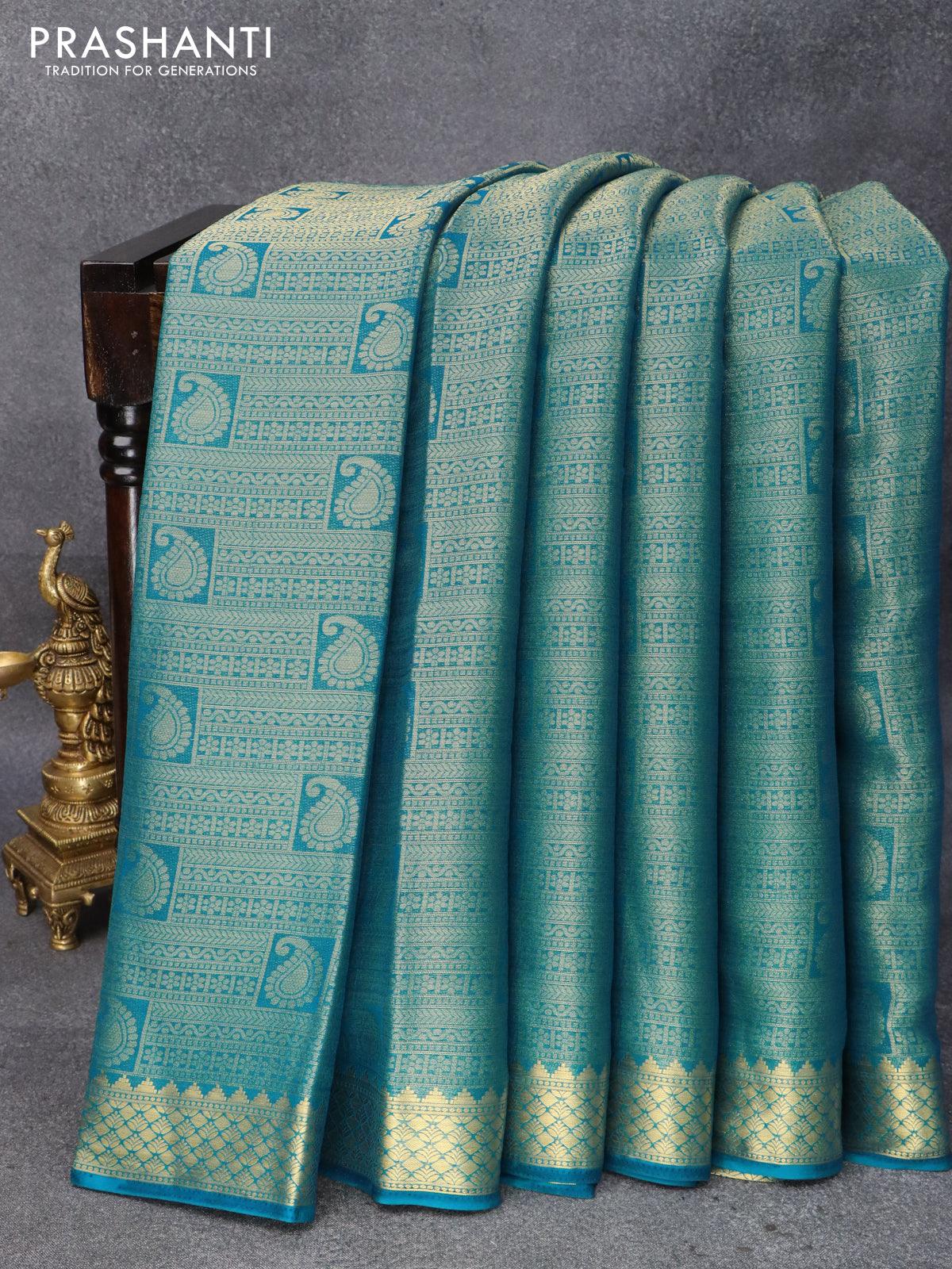 Art chiffon saree cs blue with allover zari woven brocade weaves and zari woven border