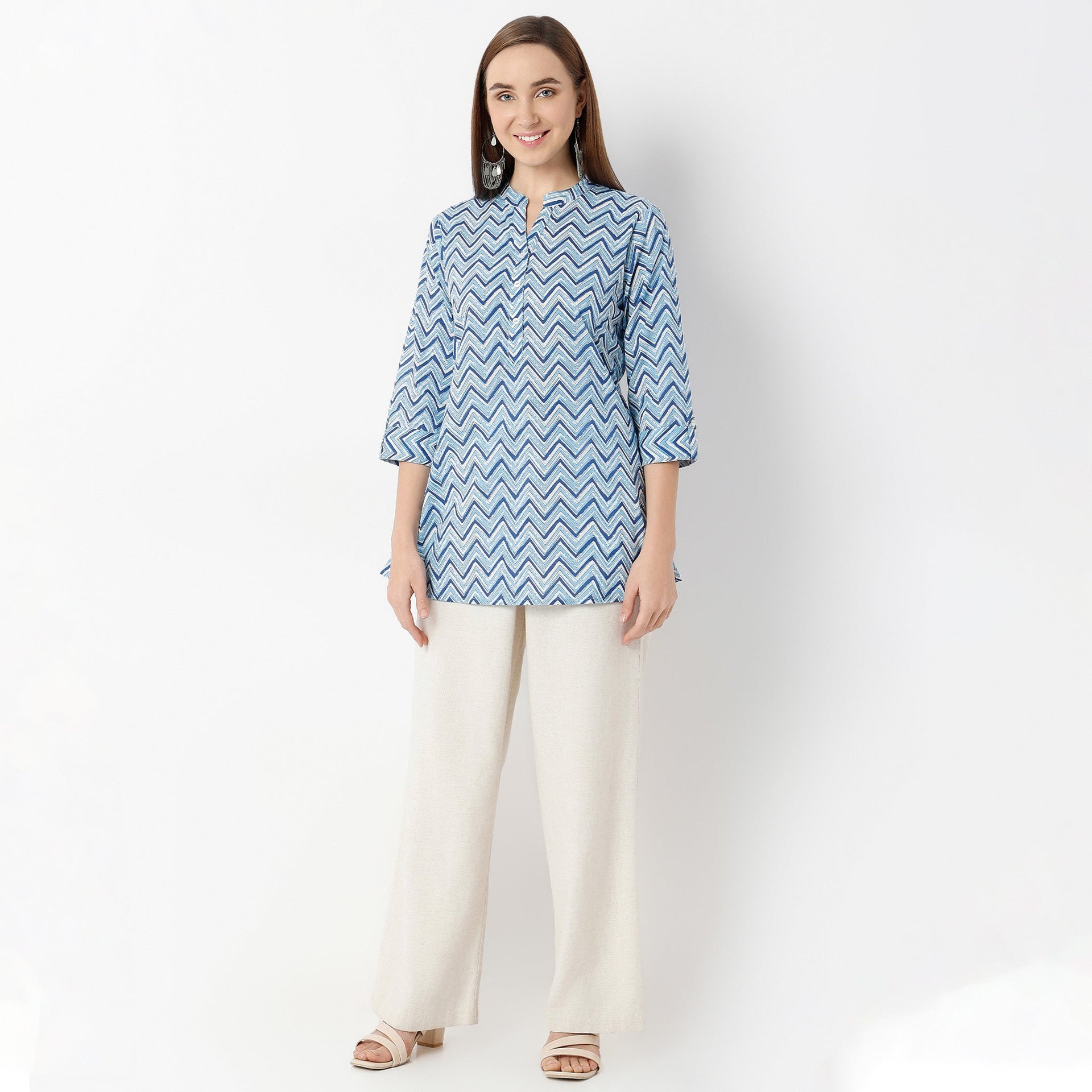 Band Neck Straight Fit Printed Short Kurta