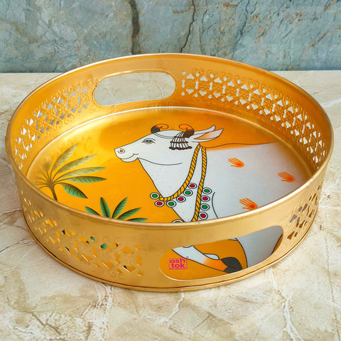 Cow Design Tray Flower Basket, Puja Tray For Temple