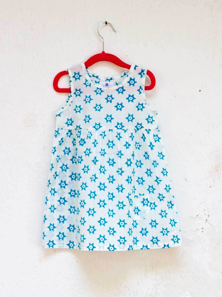 Starry Night Organic Cotton Block Printed Dress with a Pocket