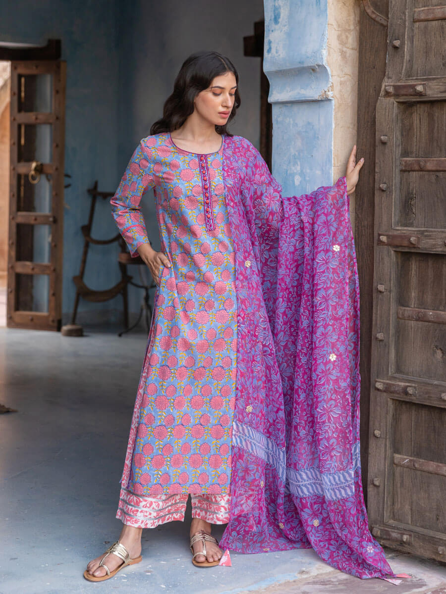 Medh Kota Doria Hand Block Printed Dupatta
