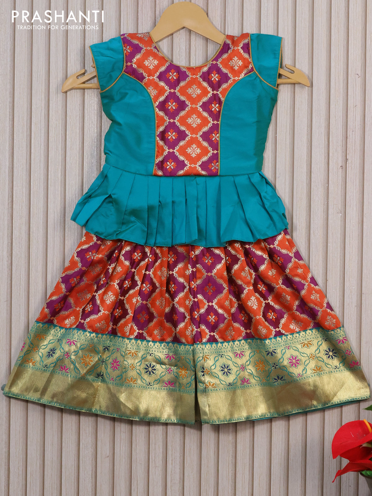 Banarasi kids lehenga teal green and purple with patch work neck pattern and zari weaves & zari border for 2 years