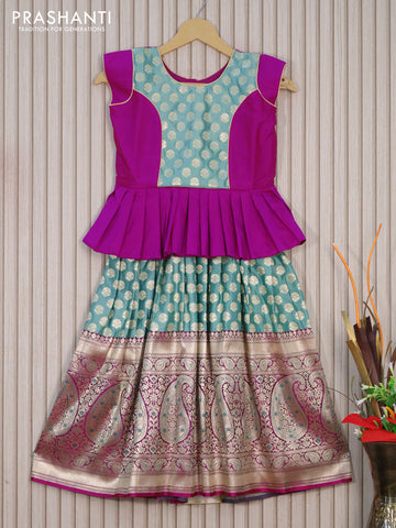 Banarasi kids lehenga magenta pink and teal blue shade with patch work neck pattern and zari woven buttas & long paisley zari border for 6 years