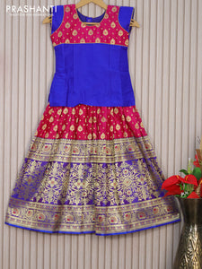 Banarasi kids lehenga blue and pink with patch work neck pattern and zari woven butta weaves & long zari border for 7 years