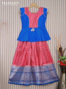 Banarasi kids lehenga blue and pink shade with patch work neck pattern and zari woven buttas & long silver zari border for 9 years