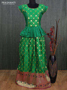 Banarasi kids lehenga green and magenta pink with patch work neck pattern and zari buttas & long zari border for 16 years