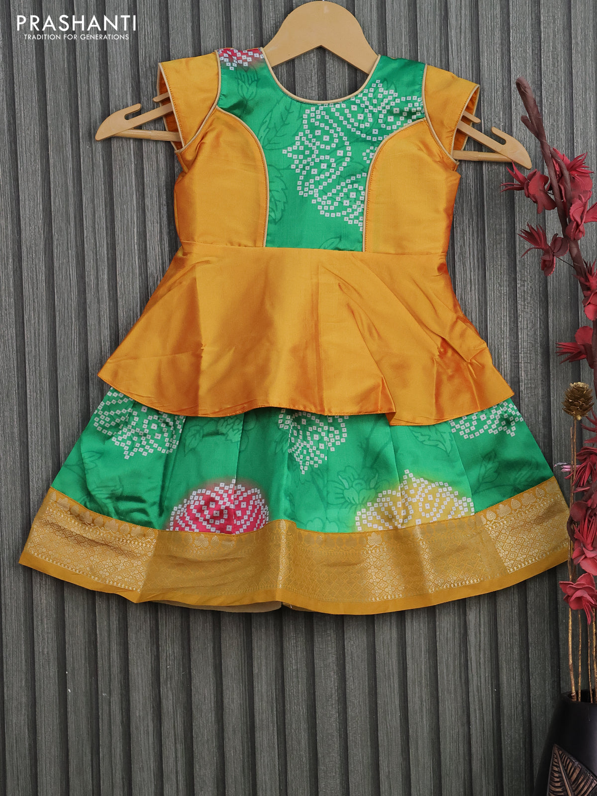 Banarasi kids lehenga mustard yellow and green with patch work neck pattern and bandhani prints & zari border for 0-6 months