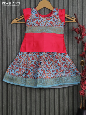 Banarasi kids lehenga pink and light blue with patch work neck pattern and kalamkari prints & zari border for 0-6 months