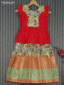 Banarasi kids lehenga red and pista green with patch work neck pattern and kalamkari prints embroidery work & banarasi style border for 6 years