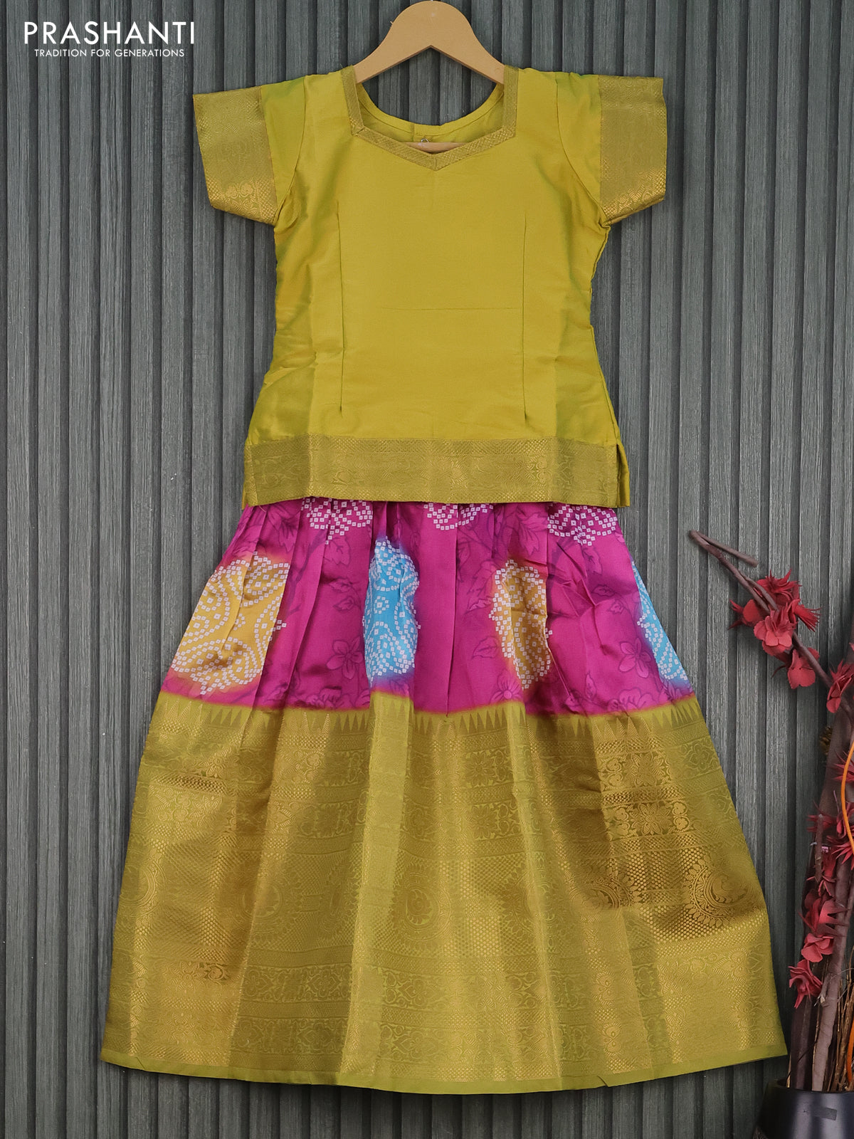 Banarasi kids lehenga lime green shade and magenta pink with simple neck pattern and bandhani prints & long banarasi style border for 7 years