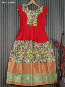 Banarasi kids lehenga red and pista green with patch work neck pattern and kalamkari prints embroidery work & long banarasi style border for 9 years