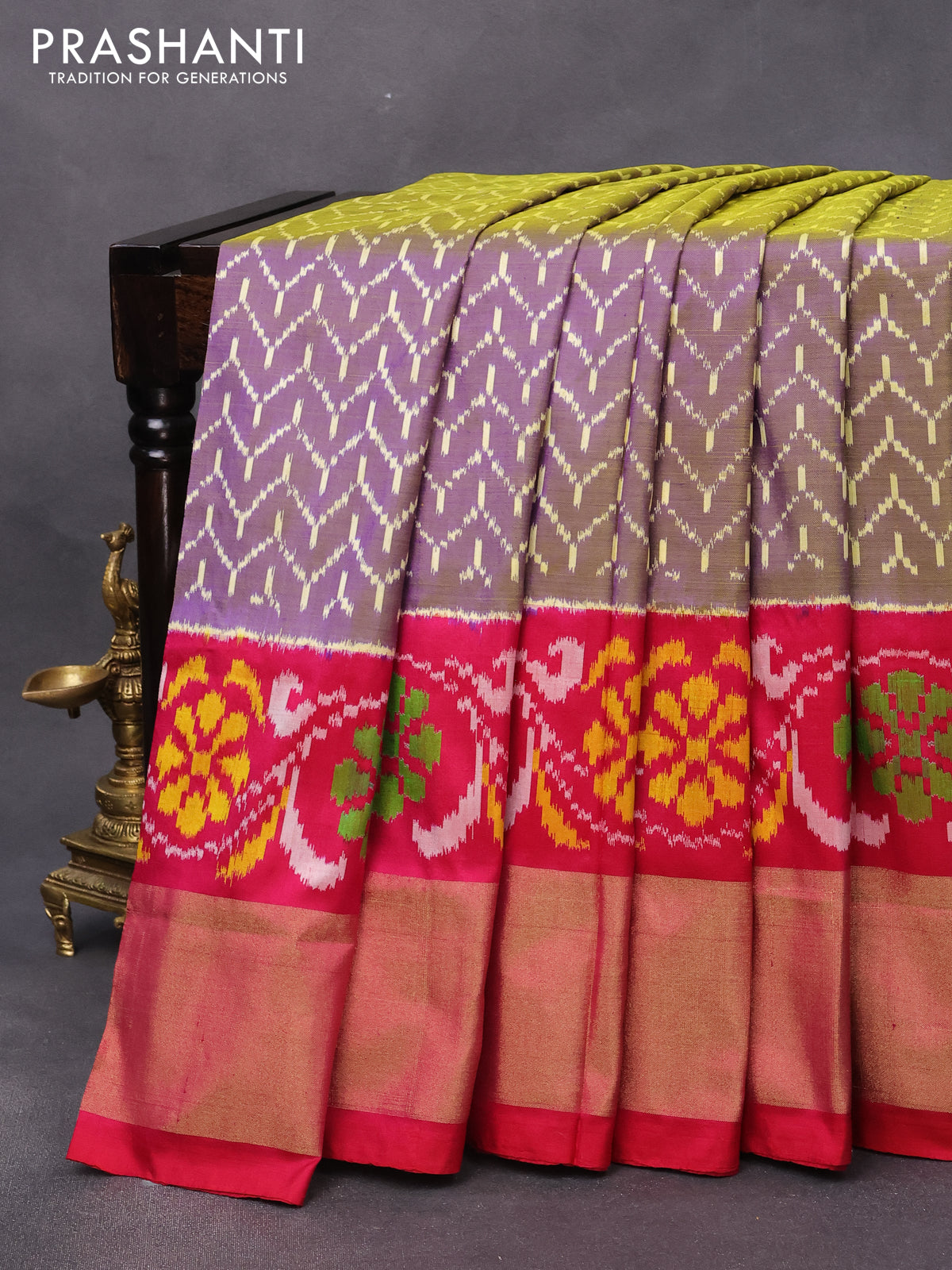 Pochampally silk saree dual shade of violet and pink with allover ikat weaves and long ikat woven zari border