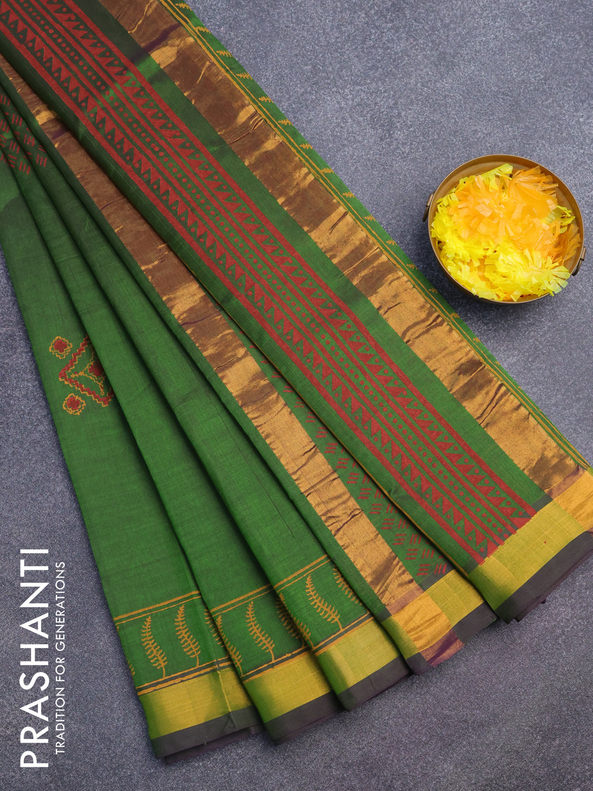 Silk cotton block printed saree sap green with butta prints and zari woven border