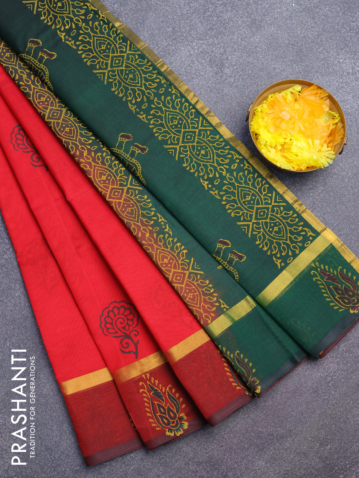 Silk cotton block printed saree red and maroon green with butta prints and zari woven simple border