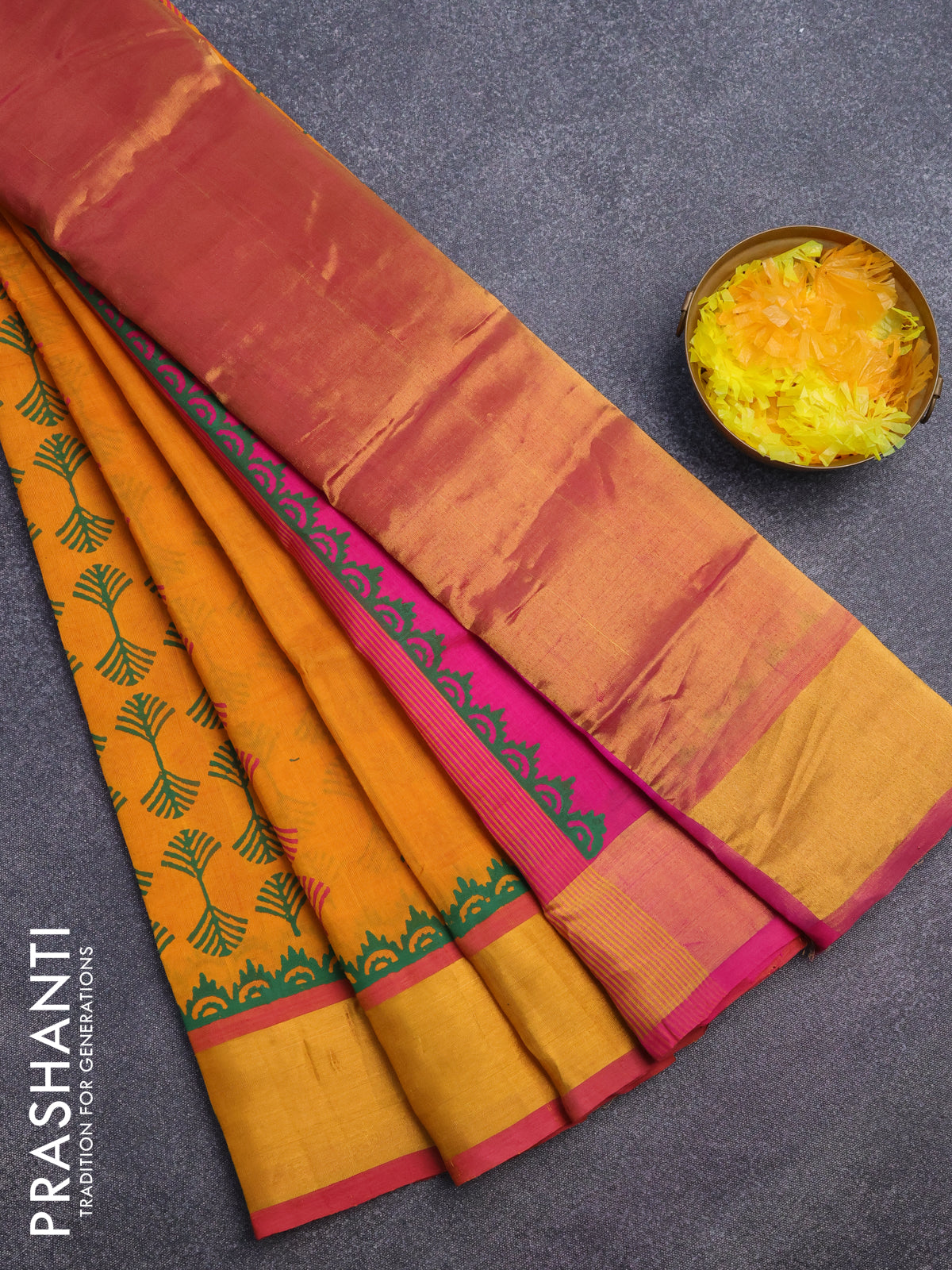 Silk cotton block printed saree mango yellow and pink with allover prints and zari woven border