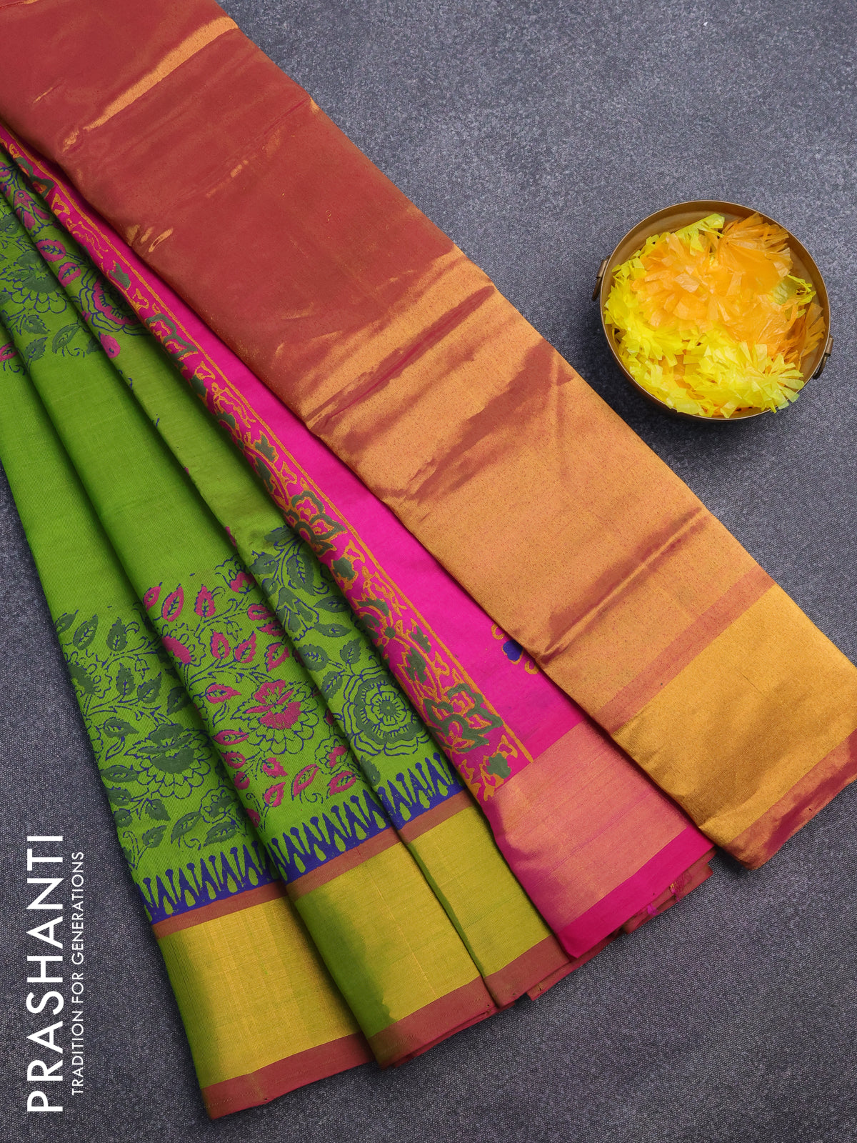 Silk cotton block printed saree light green and pink with allover prints and zari woven border