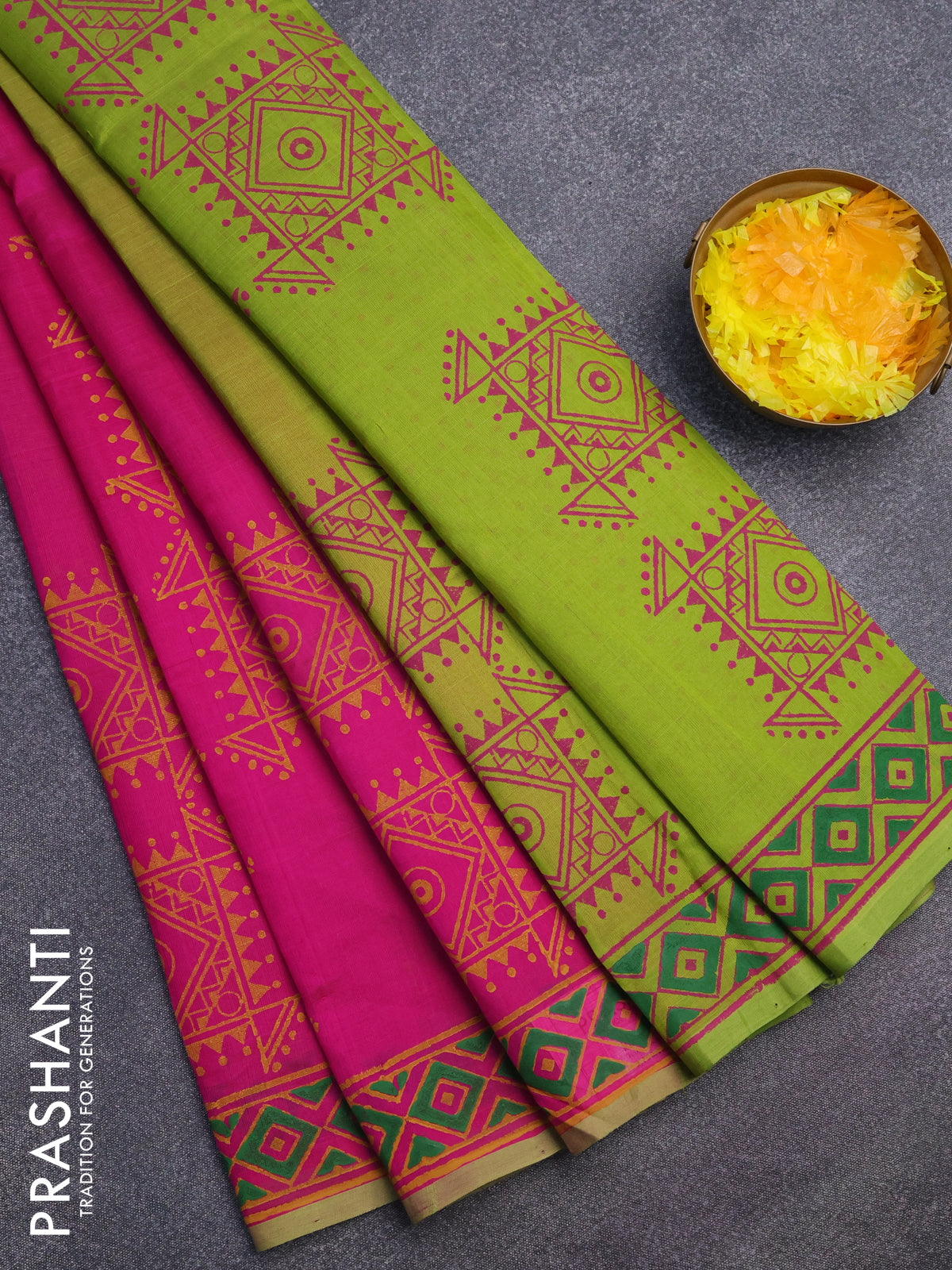 Silk cotton block printed saree pink and light green with allover prints and printed border