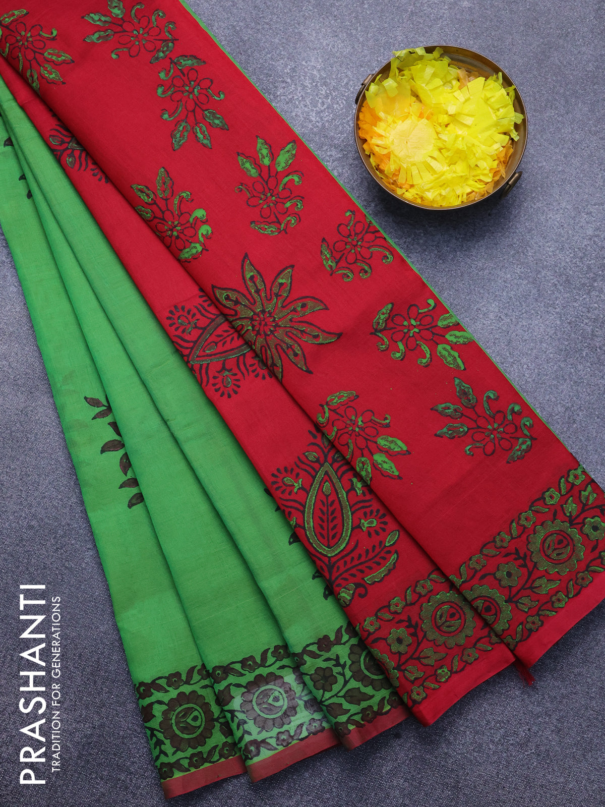 Silk cotton block printed saree light green and red with butta prints and printed border