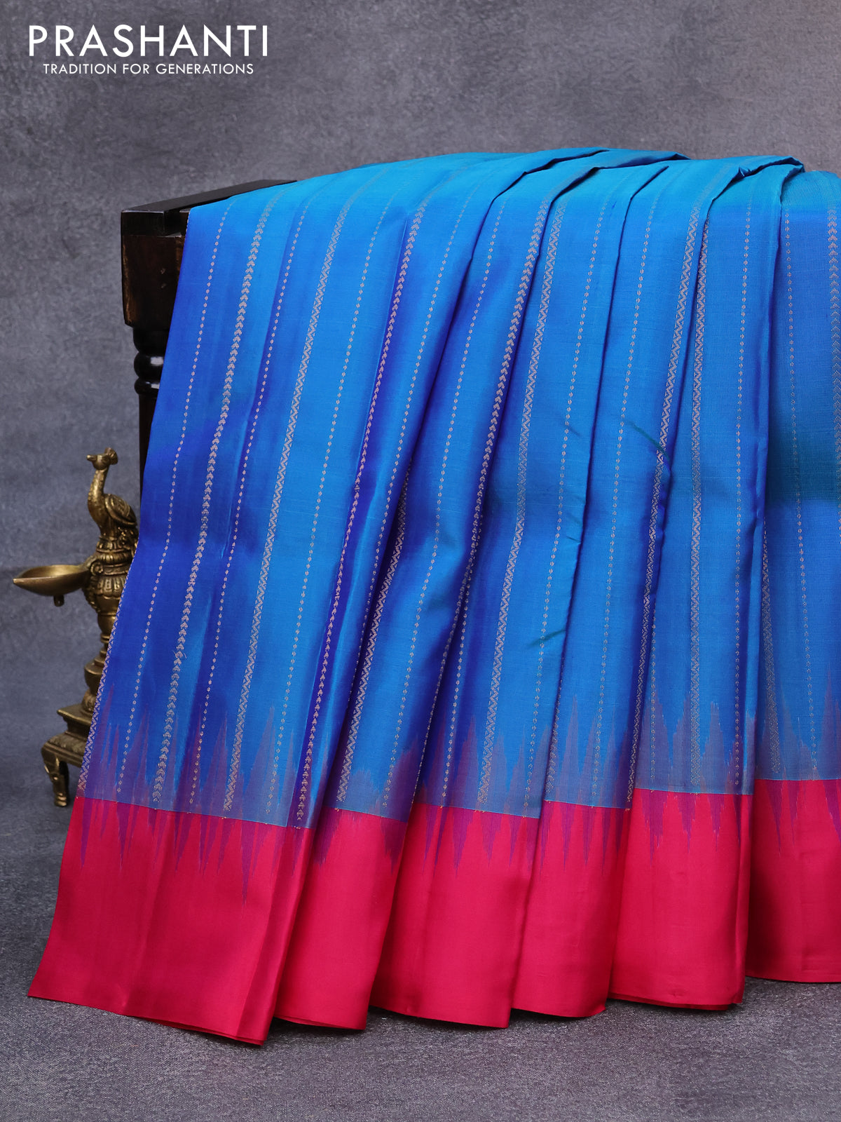 Pure kanjivaram silk saree dual shade of blue and pink with allover zari weaves and simple border