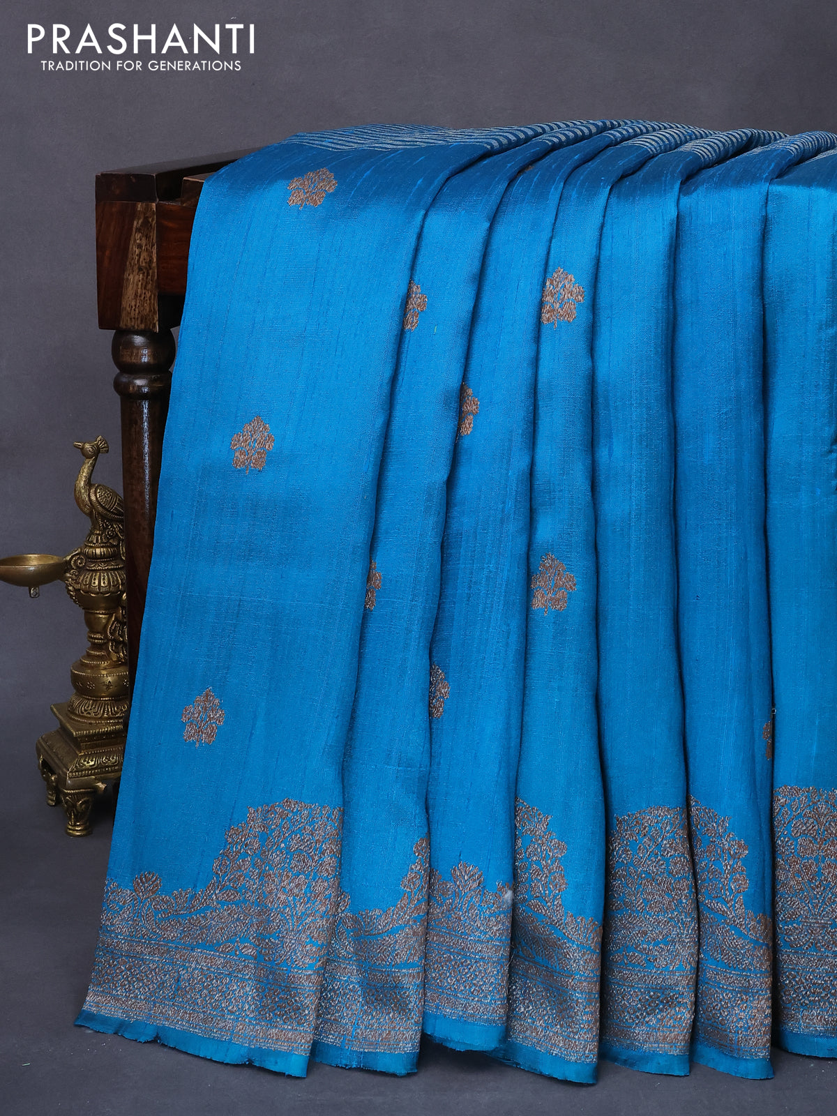 Banarasi raw silk saree cs blue with allover zari weaves and woven border